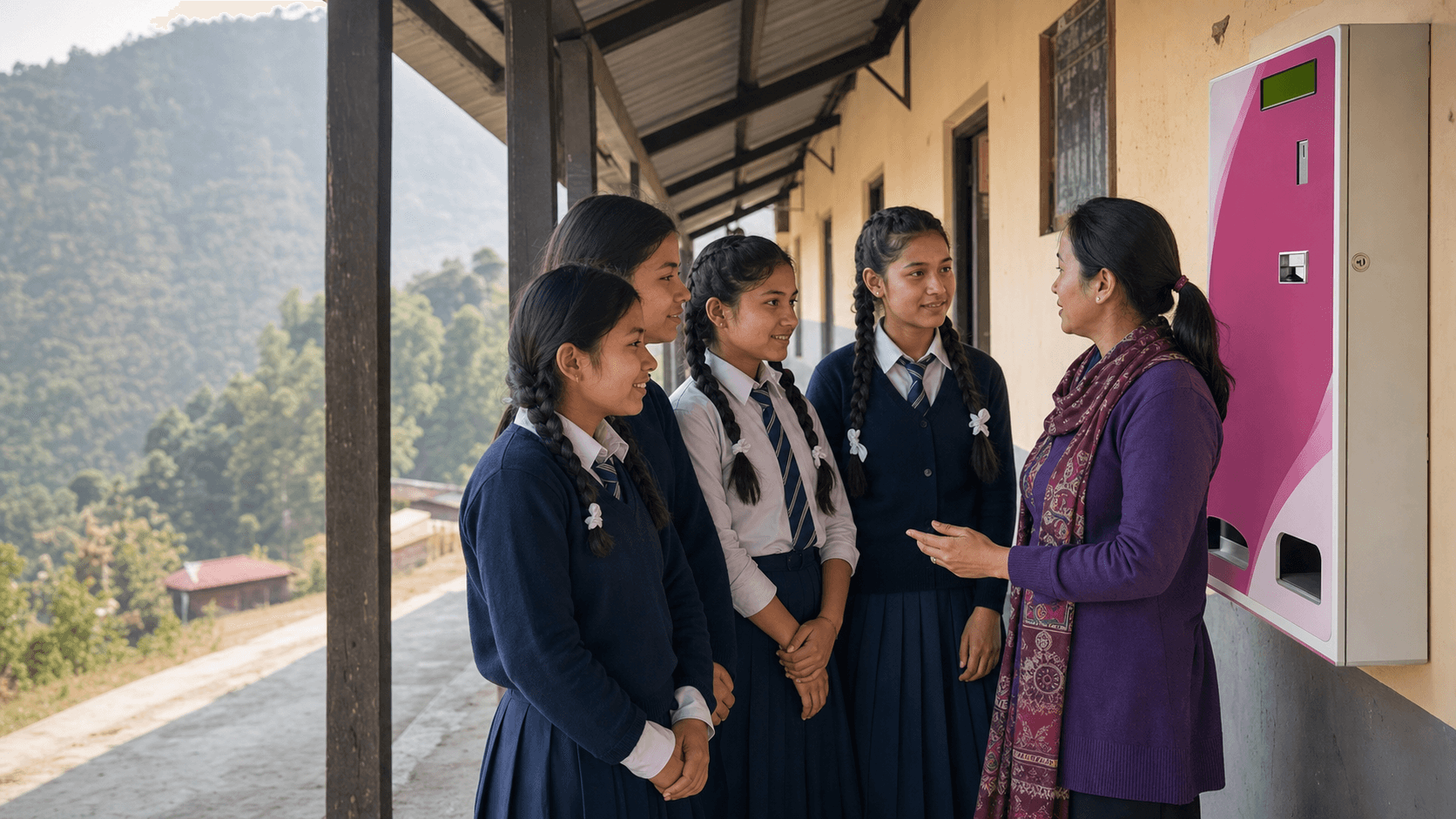 Nepali students learning about a sanitary-pad vending machine at their rural school