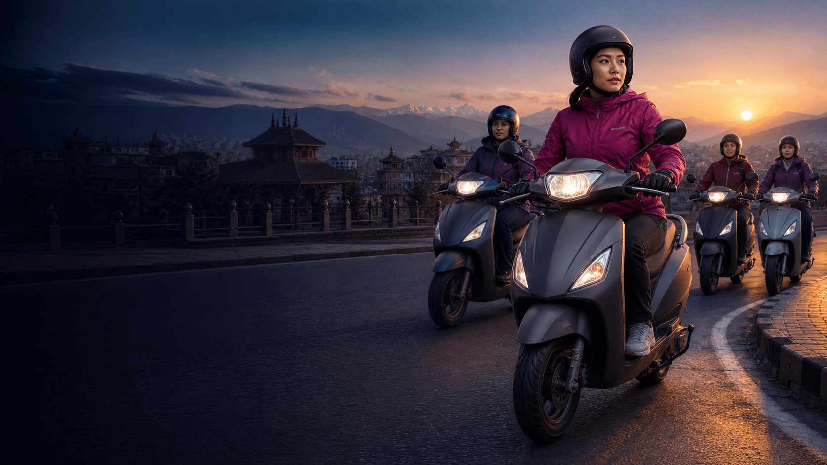 Professional Nepali women riding scooters together through Kathmandu Valley