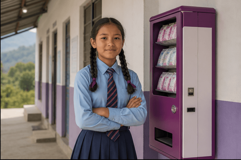 Nepali school student beside a sanitary pad vending machine